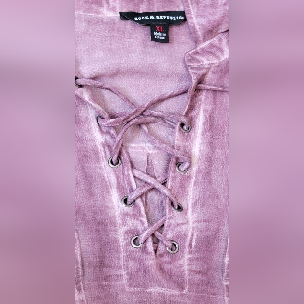 Rock & Republic Lace-Up V Neck High Low Tunic Womens XL Distressed Wine Long-sle - Picture 7 of 10